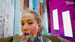 Petite tattooed slut in fishnets and high heels spreads juicy asshole for solo anal dildo fucking and gaping