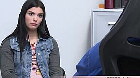 long legged petite brunette teen shoplifter got caught in the act and offered her tight pussy to avoid trouble