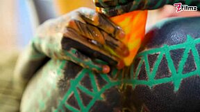 Petite tattooed slut in fishnets and high heels spreads juicy asshole for solo anal dildo fucking and gaping