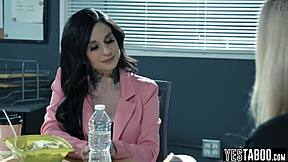 big tits milf contrasts with petite teen secretary in office for face sitting and muff diving lesbian sex