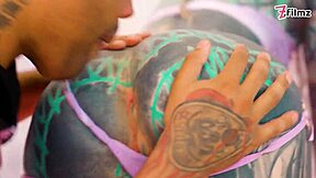 Inked goth babe with pierced nipples gets ass stretched by BBC in cowgirl riding and muff diving. Session ends with ass to mouth facial cumshot.