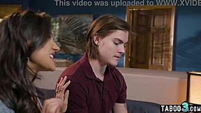 Careful brunette milf stepmom Penny Barber with big tits teaching redhead teen girlfriend and stepson in taboo threesome