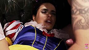 Dwarf drills Snow White with her big fake tits on the couch