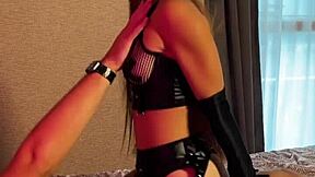 redhead's seduction in stockings heels leather lingerie - mouthful cum end