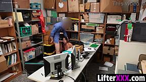 The officer catches Shane Blair shoplifting and drags her to the LP office for hardcore punishment. She strips, rides cowgirl, and takes doggystyle pounding until orgasm.