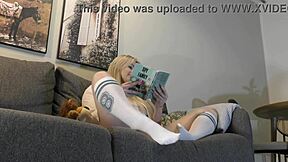 busty natural big tits big ass milf reads book and removes panties on couch