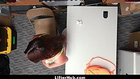 brunette teen shoplifter caught in garage gets punished with rough doggystyle domination by officer after striptease.