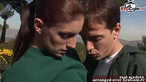 Skinny brunette British milf with small tits feels so excited getting fucked outdoors in her tight asshole.