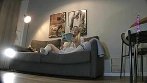 busty natural big tits big ass milf reads book and removes panties on couch