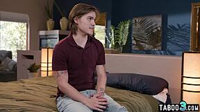 Careful brunette milf stepmom Penny Barber with big tits teaching redhead teen girlfriend and stepson in taboo threesome