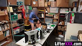 The officer catches Shane Blair shoplifting and drags her to the LP office for hardcore punishment. She strips, rides cowgirl, and takes doggystyle pounding until orgasm.