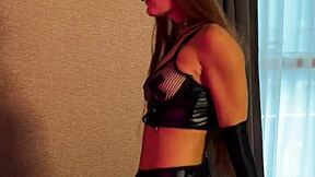 redhead's seduction in stockings heels leather lingerie - mouthful cum end