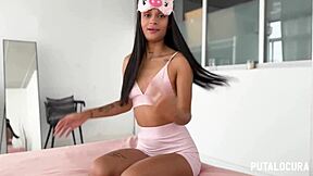 Skinny Latina teen swallows cum in bedroom blowjob and cowgirl riding