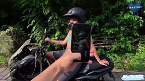 Fake photographer convinced curvy blonde biker to extend session after photoshoot. She swallows the finish.