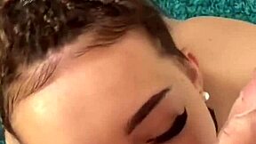 I'm this petite brunette teen model giving rimjob deepthroat and getting messy cum on my natural tits face