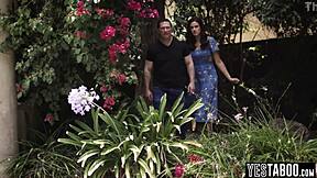 Busty milf and husband punish petite teen neighbor with double penetration. They bend her over for big cock assfucking and pussy pounding in hardcore threesome.