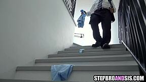 stepsisters blindfolded and handcuffed their stepdad for blowjob and fucking session