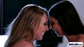 blonde subtly licks and kisses her bffs shaved pussy in first time lesbian encounter with petite natural tits