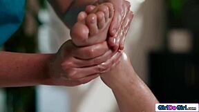 Blonde milf masseuse gives petite young shaved pussy licking after oiled foot and boob massage with fingering