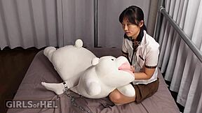 look at this chained up cutie using dildo and vibrator to make her shaved pussy cum hard