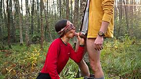 amateur couple enjoys anal creampie sex with blowjob and cum dripping in autumn forest