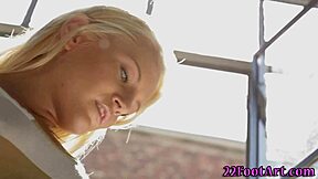 this blonde teen gives an erotic footjob and handjob, leading to a hot cumshot on her soles in high definition