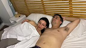 Sharing a bed with my boss by mistake turns into juicy latina blowjob cowgirl riding and creampie in homemade petite action.