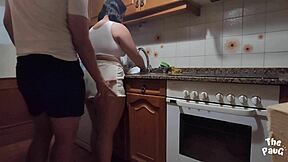 Amateur brunette Mexican teen 18+ stepdaughter with big ass in shorts gets quickie doggystyle fuck from stepdad in hidden kitchen encounter. Spying leads to crazy homemade sex.
