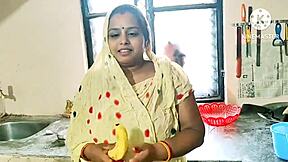desi bhabhi engages in hardcore kitchen activity using banana for fucking and blowjob