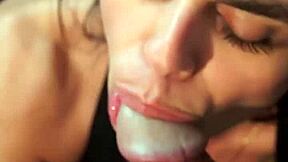 behind the scenes, cute brunette teen pornstar teases the director with deepthroat blowjob until he gives her a facial cumshot on set