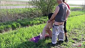 German nudist granny caught by two young guys for outdoor threesome fuck on beach