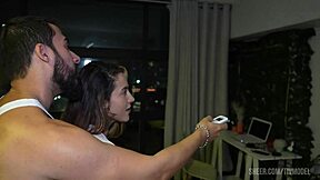 Curvy Brazilian cutie with big natural tits and juicy ass takes deep pounding from huge dick in homemade setup