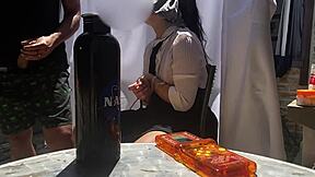 stepdad covered his stepdaughter's eyes and swapped a lollipop for his cock in her mouth leading to eager oral sucking