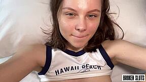 My sexy neighbor goes crazy in the bedroom with big cock doggystyle and missionary. Her petite teen pussy barely fits it during this rough pov quickie, ending in facial cumshot.