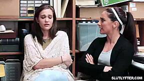 hey this tattoed brunette shoplyfter teen gets spreadeagle fucked in office with blowjob and doggystyle penetrating her natural tits pussy at work