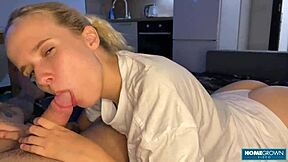 Hey, how about you watch this super hot wife giving a sensual footjob and blowjob to her husband's big cock?
