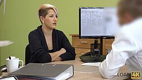 Loan4k delivery girl handles the sausage in office interview with hidden cam. She licks it pov.