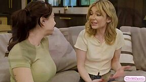 stepdaughter dives into a lesbian threesome with petite stepmom and her bff, full of pussy licking and tribbing