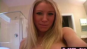 Allie shows off her huge blonde tits in closeup shower scene with nipple licking action.