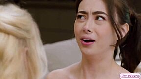 stepdaughter dives into a lesbian threesome with petite stepmom and her bff, full of pussy licking and tribbing