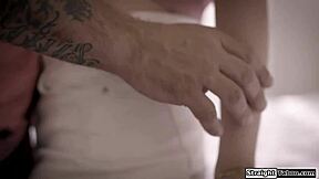 Teen redhead with small tits gets anal fucked hard by old neighbor using his monster cock in voyeur style