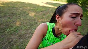 I got my fitness trainer to suck my fat cock deep. Then I came all over her face outdoors.