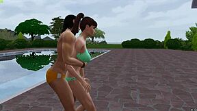 Muscular Ebony Babe Fucks Brunette Teen With Big Cock By Pool