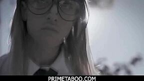 Nerdy teen 18+ experiences a thrilling double penetration session. She handles it in group setting.