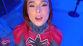 Amateur Athletic Colombian Latina In Spiderwoman Cosplay Rides Big Cock Until Cum