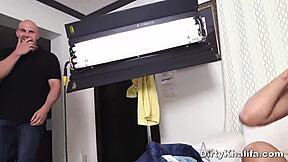 Busty eastern babe Mia Khalifa meets a western guy in a cultural encounter with various positions.