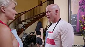 Stepdad dominates goth teen 18+ and wife in bondage threesome with anal fucking.