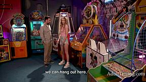 I'm thrilled as teenage stepdaughter teases daddy with deepthroat moves in the outdoor arcade