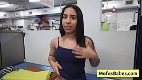 Horny petite teen brunette Nikki Mars delivers wet blowjob to Jason Legend's monster cock in public laundry hardcore fucking
