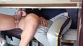 In a forbidden classroom game, the hot college girl flashes her uniform. She rides the desk wildly in a quickie with her student friend.